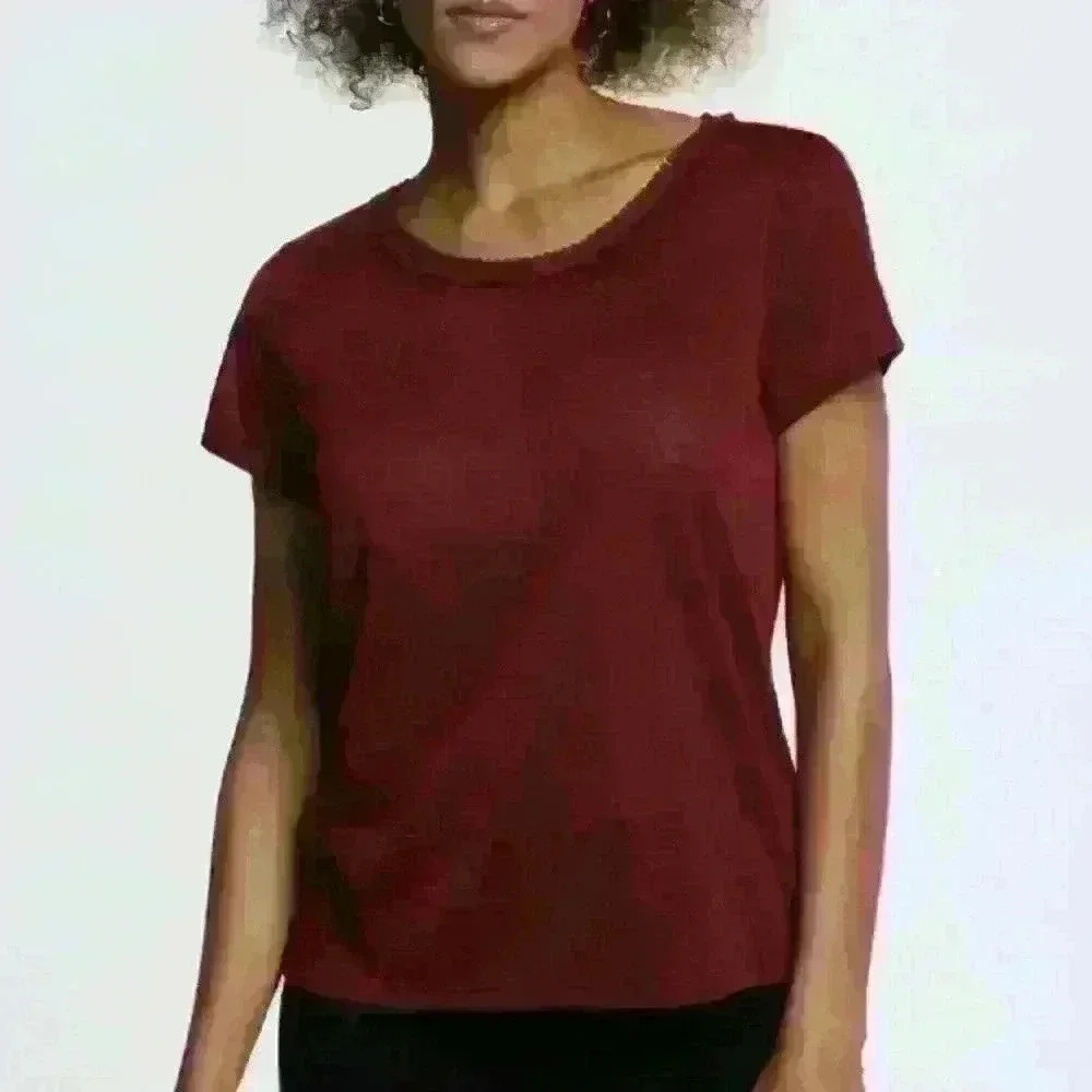 RAFAELLA | Ella Women's Rumba Red Fringed Neckline Short Sleeve Shirt